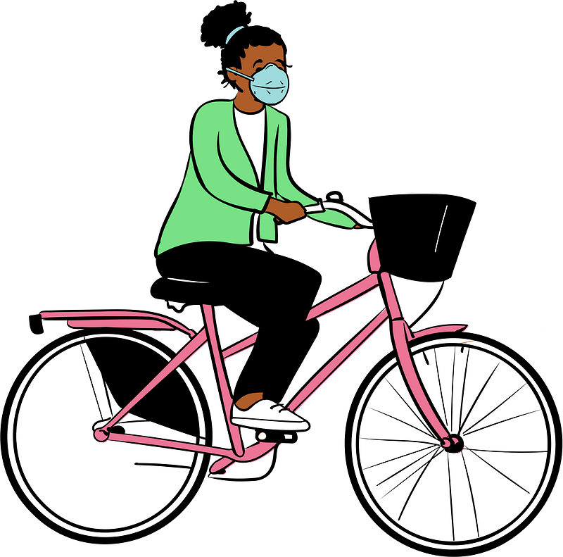 Gril in face mask riding a bike