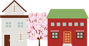 Houses and cherry tree