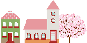 Houses and cherry tree