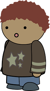 Curly haired boy in a gray shirt, surprised face