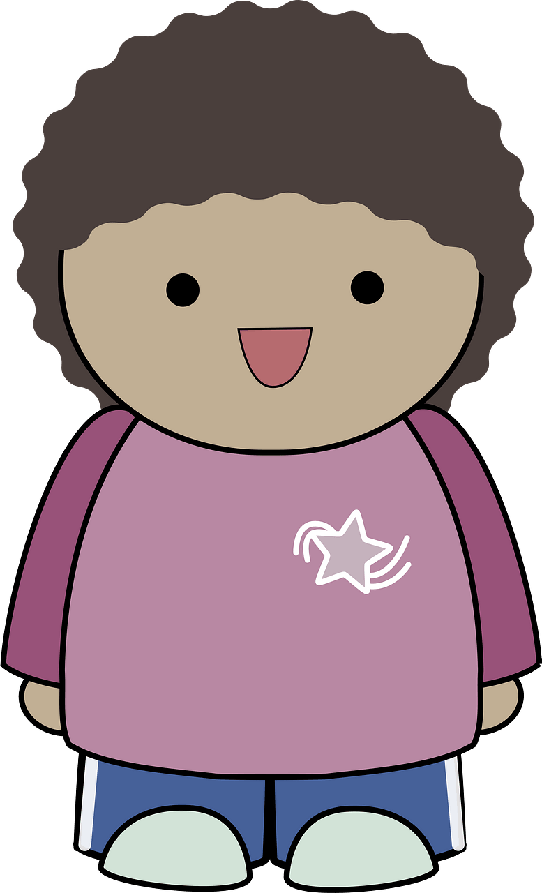 Curly Haired Girl in a pink shirt, standing with joyfull face