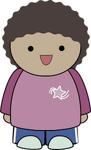 Curly Haired Girl in a pink shirt, standing with joyfull face