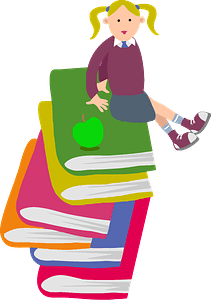 School girl sitting on books