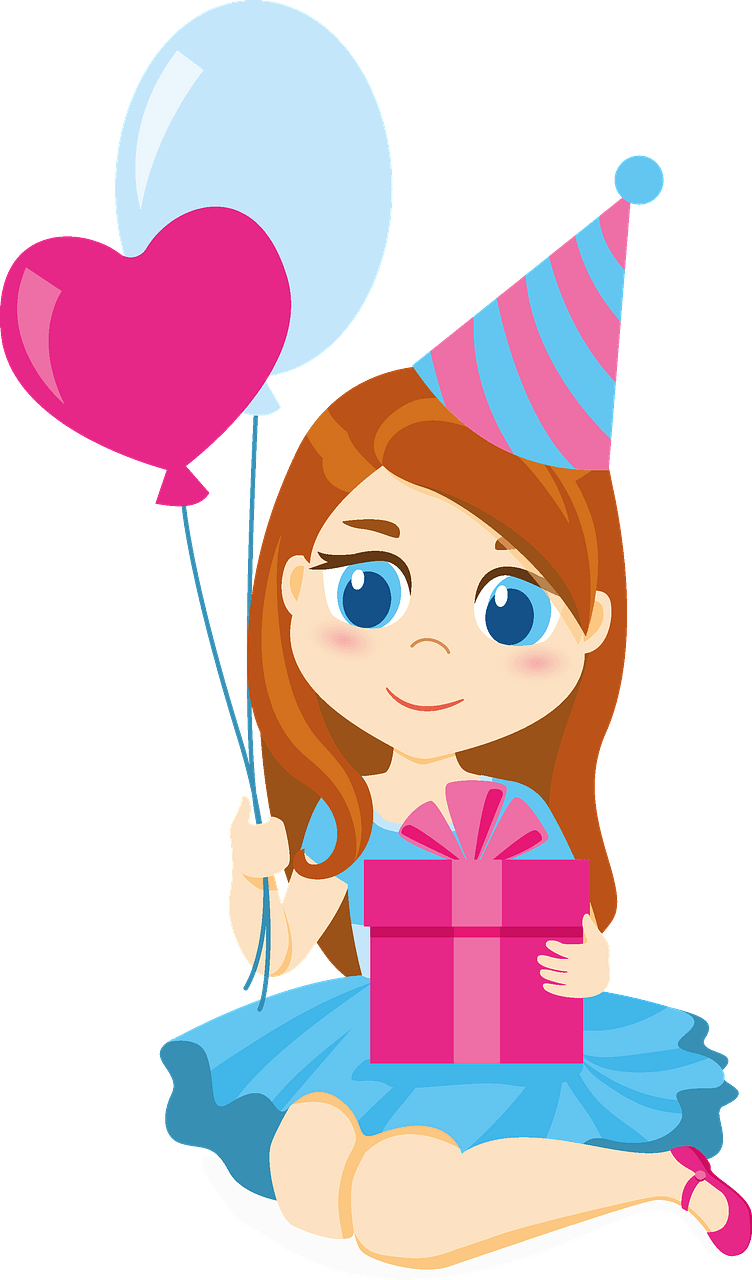 Birthday girl with balloons and gift box
