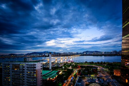 Blue skyview over city photo