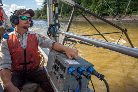 U.S. Fish and Wildlife Service boat, The Magna Carpa, searching for invasive carp-1 photo