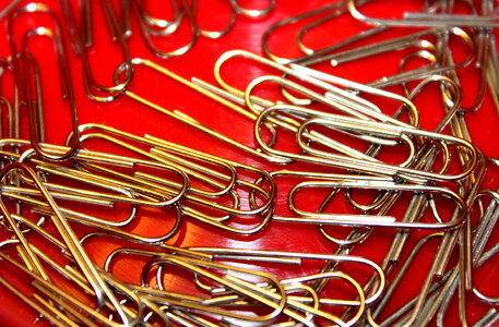Metallic paperclips on red background photo