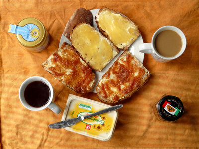 Breakfast with bread and butter photo