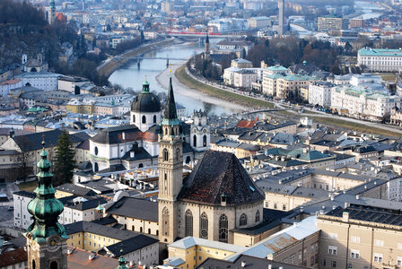 Cityscape of Salzburg, Austria with buildings, Architecture, and river photo