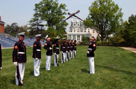 Drill team tossing rifle formation