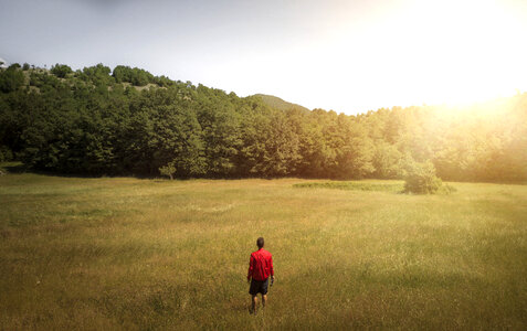 Man Wearing red Jacket in Green Meadow