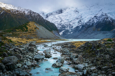 Hooker Lake at the Bottom of Mount Cook, New Zealand photo
