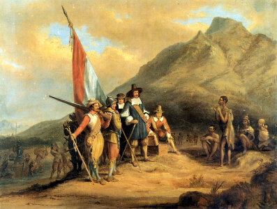 Arrival of Jan van Riebeeck in Table Bay in Cape Town, South Africa