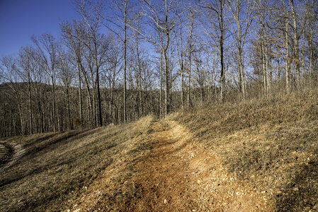 Dirt hiking trail landscape at Echo Bluff State Park, Missouri