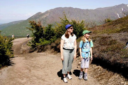 Woman and girl hike on Flattop Mountain photo