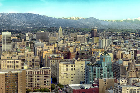 Skyline of Los Angeles with Mountains in the Background, California photo