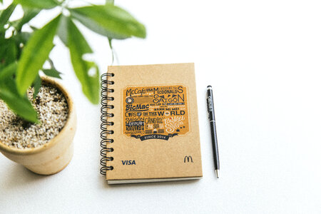 Top View Image of Notebook, Pen and Plant photo