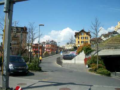 Montreux railway station and road in town in Switzerland photo
