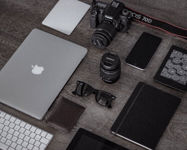 Photographer Equipment Presentation on the Wooden Table photo