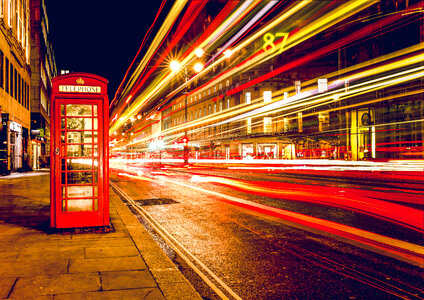 London City Street Red Abstract Lights and Phone Box photo