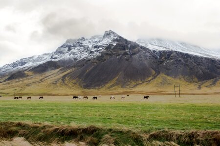 Wide-angle landscape of the fields and mountains in Iceland