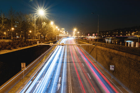 2 Car lights on the night highway in the city photo