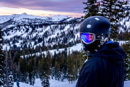 Portrait of Snowboarder in Helmet and Sunglass Mask photo