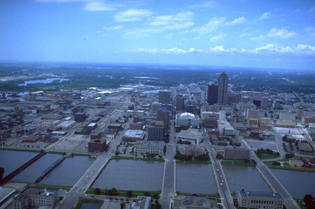Aerial view of floodwaters in Des Moines, Iowa
