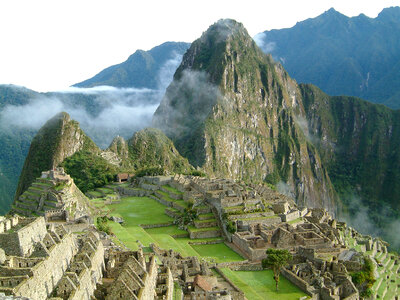 Mountainside and structures of Machu Picchu, Peru photo