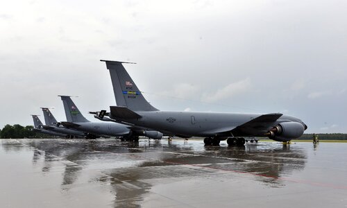 Four KC-135 Stratotankers await a mission on the flightline