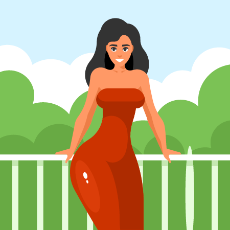 Beautiful Woman Standing on a Balcony in Red Dress