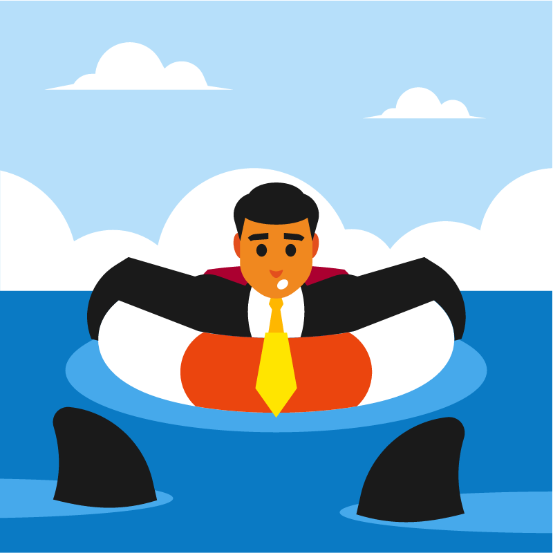 Businessman Floating in Lifebuoy to Escape Sharks
