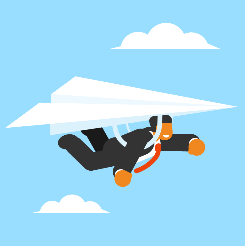Businessman Gliding on Paper Plane to Goals