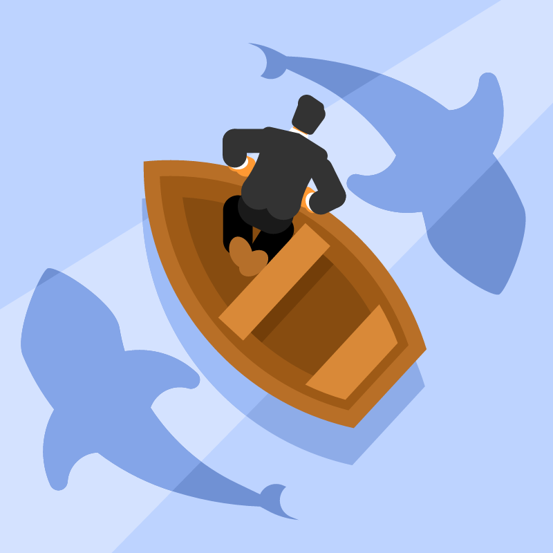 Businessman Navigating Boat Amid Sharks