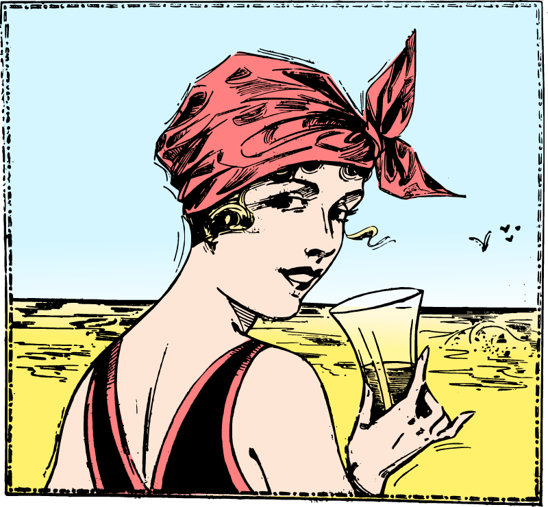 Vintage Beach Lady with Drink