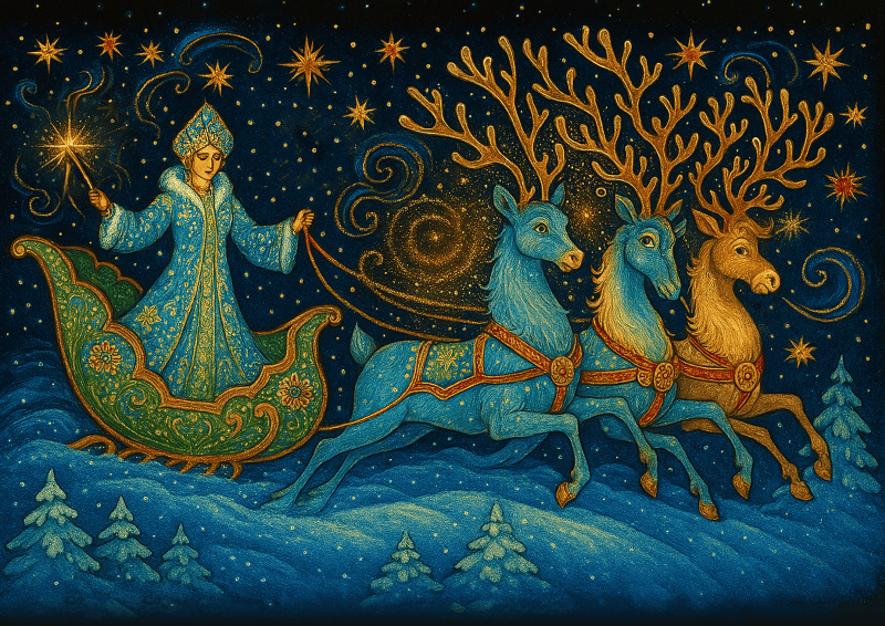 Snegurochka riding christmas deers