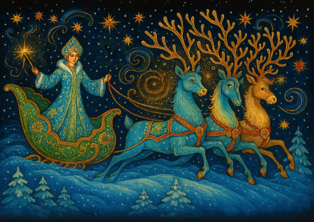 Snegurochka riding christmas deers