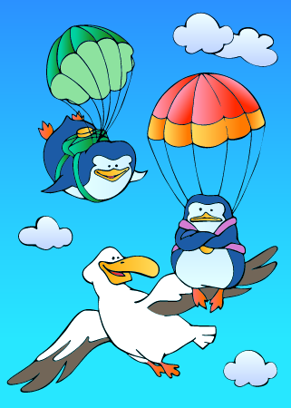Two penguins on parachutes