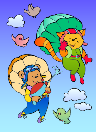 Bear and cat flying with parachutes