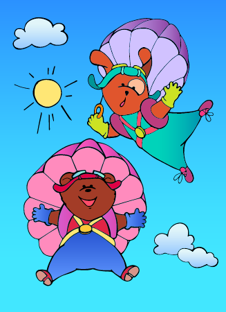 Bear and dog flying with parachutes