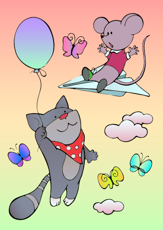 Cat with balloon and flying mouse