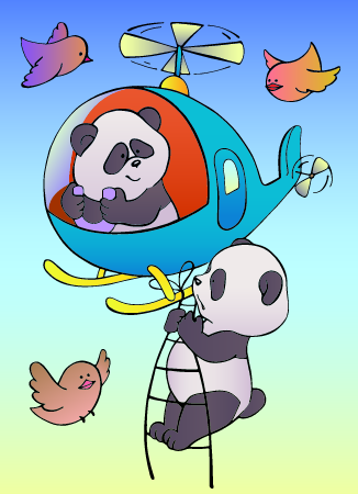 Pandas flying in blue helicopter