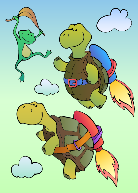 Jetpack turtles and parachuting frog