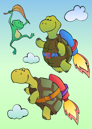 Jetpack turtles and parachuting frog