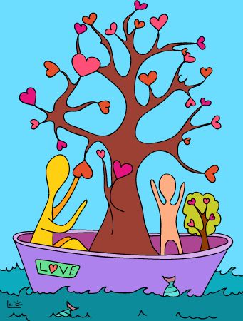 People growing a heart tree in a boat