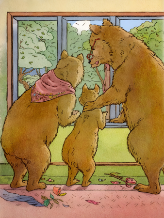 Bear family discovers broken room