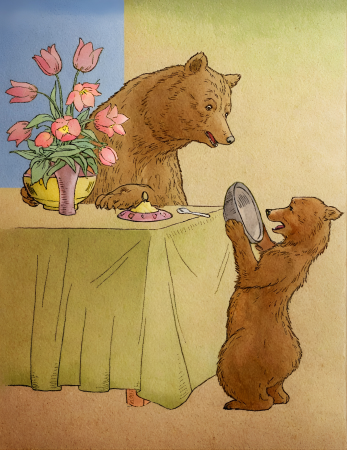 Bears eating breakfast together
