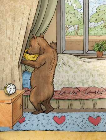 Baby bear looking behind curtain