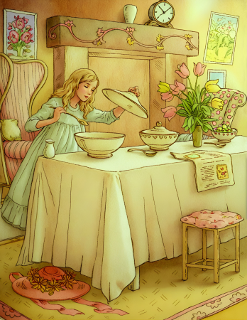 Goldilocks tasting the porridge