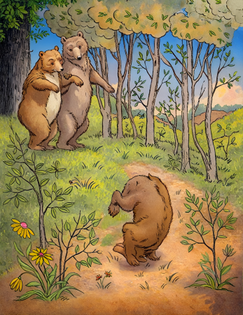 Bear family walking in the forest